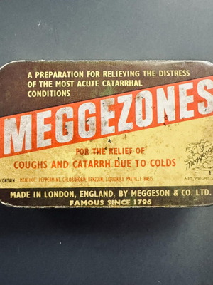 Vintage Meggezones Metal Tin used, cough pastilles