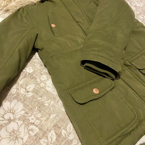 Orchestra girls' jacket new for 5-6 years, 116 cm, khaki with fur lining