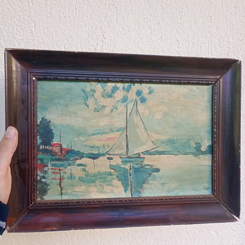 Vintage painting used, sailboats on the Seine inspired by Claude Monet