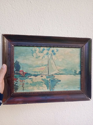Vintage painting used, sailboats on the Seine inspired by Claude Monet
