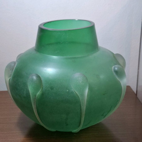 Art vase used, heavy, sand-blasted with appliqued detail