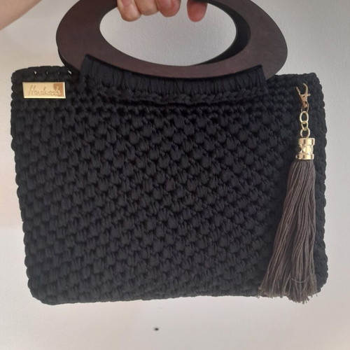 Handmade handbag new with wooden handle, black and brown