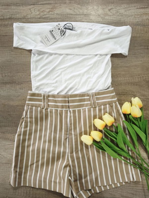 Stradivarius high-waisted shorts and blouse set like new, white and beige