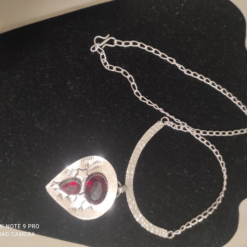 Ethnic Silver Necklace with Garnet Stone New, 40 cm Chain