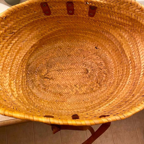 Straw bag large with leather handles used, beige