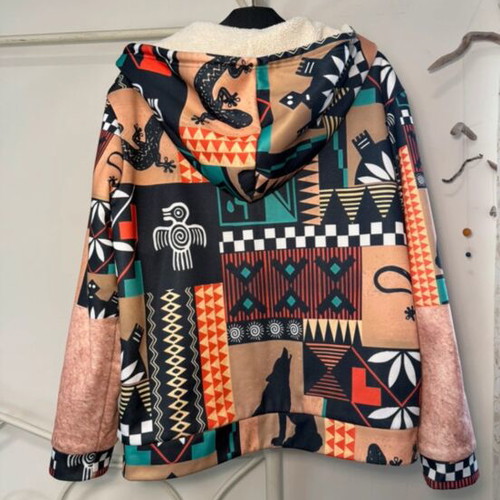 Boho fleece jacket used with sherpa lining and ethnic pattern