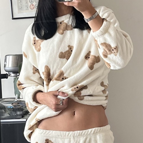 Teddy bear pajama loungewear set, size M, white and brown