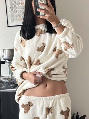 Teddy bear pajama loungewear set, size M, white and brown