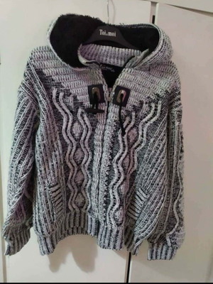 Image Kids no 14 knitted cardigan gray like new with hood and fur