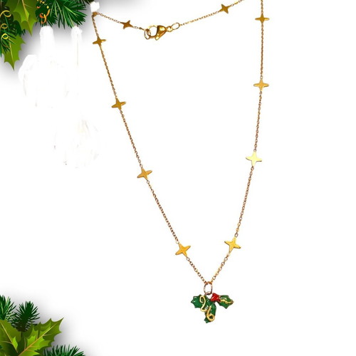 Handmade 2026 lucky necklace with mistletoe and steel chain with stars, new