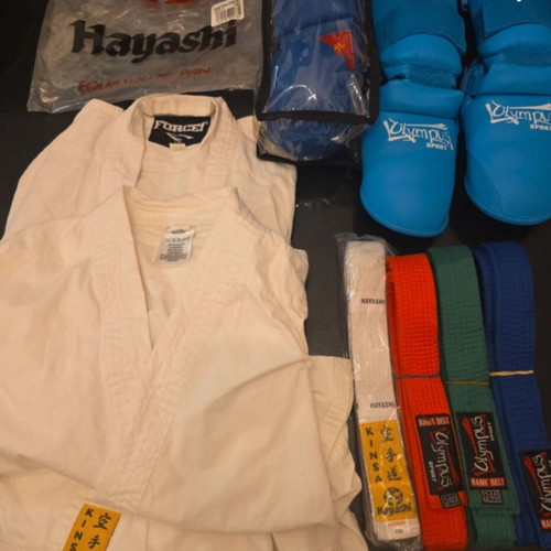 Karate equipment like new with 2 Hayashi and Force 1 suits, 4 belts, gloves, and shin guards