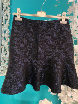 Peplum mini skirt gothic brocade, like new, XS, black and blue