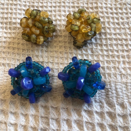Vintage earrings set used with blue and beige beads, clip-on