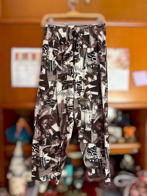 Pants like new with elastic waist and print, white-brown, small-medium