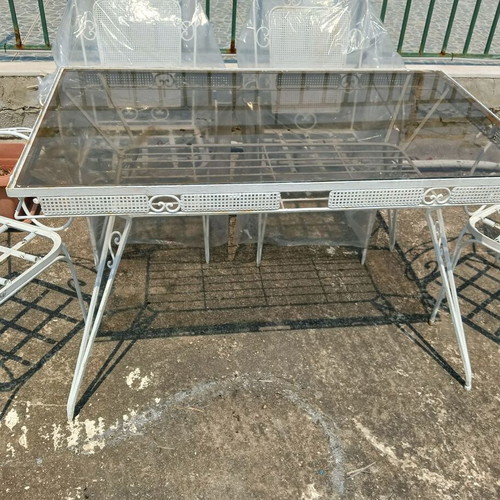 Wrought Iron Outdoor Dining Set with Glass Tabletop, like new