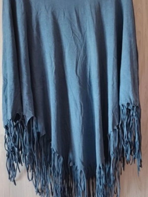 Cape-style blouse with fringes blue cotton denim fabric