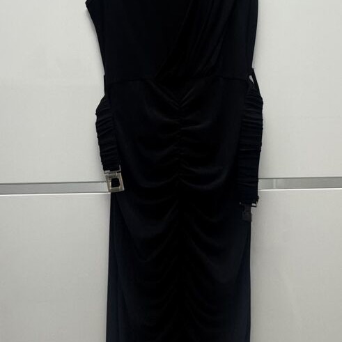 Black midi dress size S with ruching and elastic fabric, like new