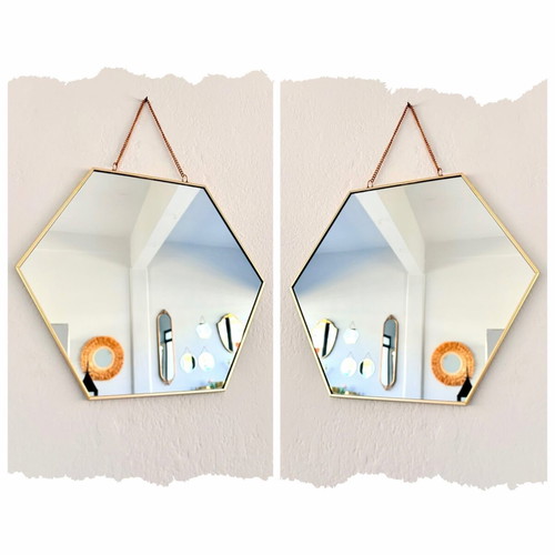 Hexagonal mirror with gold frame and chain new