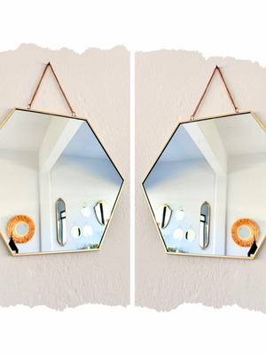Hexagonal mirror with gold frame and chain new