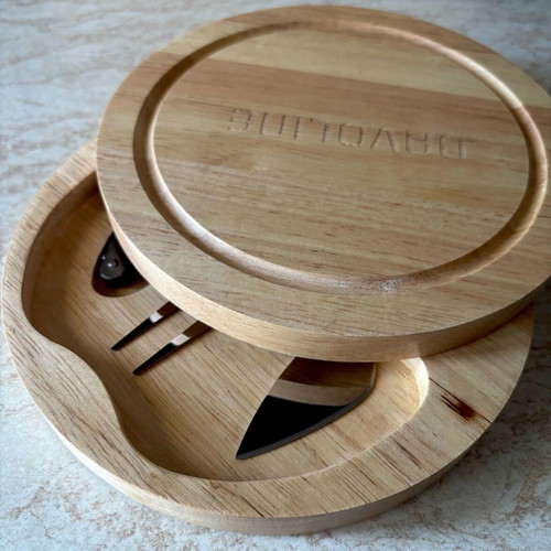Cheese and wine set unused with wooden holder and stainless steel