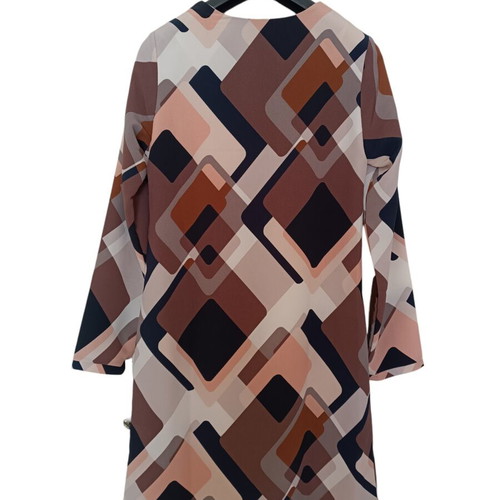 Spring dress new with modern geometric print in beige, pink, and brown