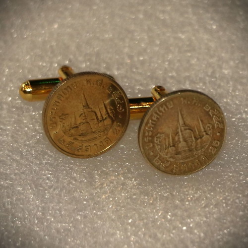 Cufflinks with old 25 Satang coins, new, gold plated