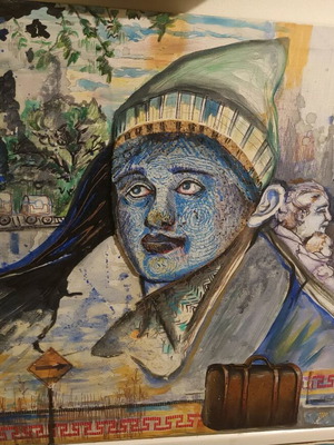 Painting by Angeliki Papamichail like new, canvas 54x45cm with embossed cork