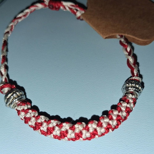 Handmade Macrame Martis Bracelet with Silver Beads, Red and White, New