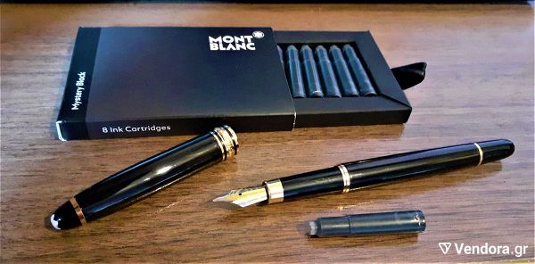  penna FOUNTAIN PEN MONTBLANG METALLIC BLACK WITH GOLD PLATED DETAILS NEW ORIGINAL CARTRIDGES BLACK
