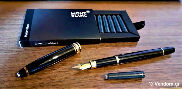 penna FOUNTAIN PEN MONTBLANG METALLIC BLACK WITH GOLD PLATED DETAILS NEW ORIGINAL CARTRIDGES BLACK
