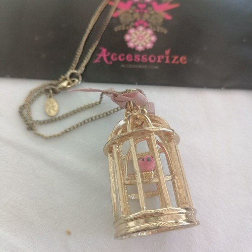 Accesorize bird cage pendant necklace used with pink ribbon