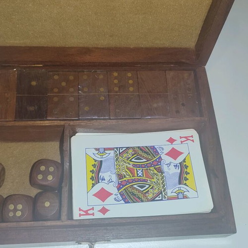 Wooden case with playing cards, dice and dominoes like new
