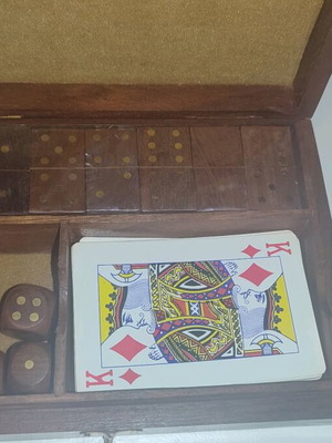 Wooden case with playing cards, dice and dominoes like new
