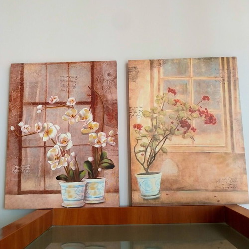 Premium canvas painting set of 2 with embossed gel floral vintage diptych