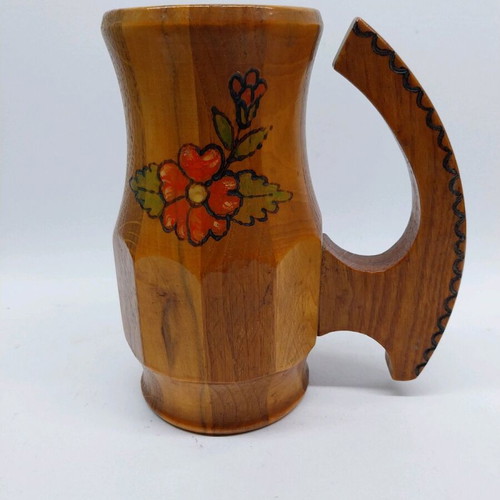 Large wooden mug with handle from Germany used, hand painted