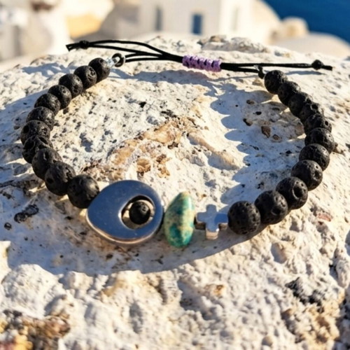 Bracelet and earrings set with lava, jasper, hematite, 14K gold plated earrings