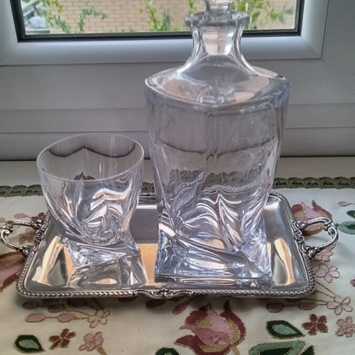Bohemia Quadro whiskey set with decanter, glass and silver-plated tray
