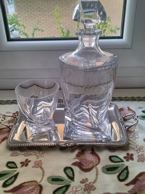 Bohemia Quadro whiskey set with decanter, glass and silver-plated tray