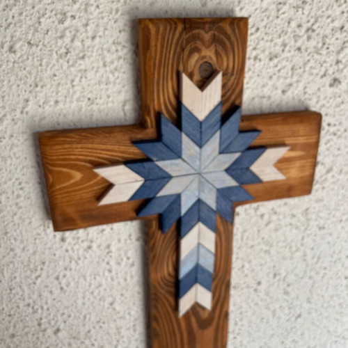 Handmade wooden wall cross with geometric design new