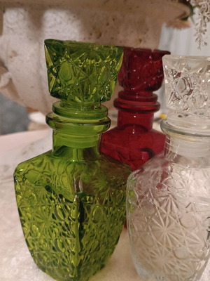 Vintage liqueur bottles like new, set of 3, embossed colored glass