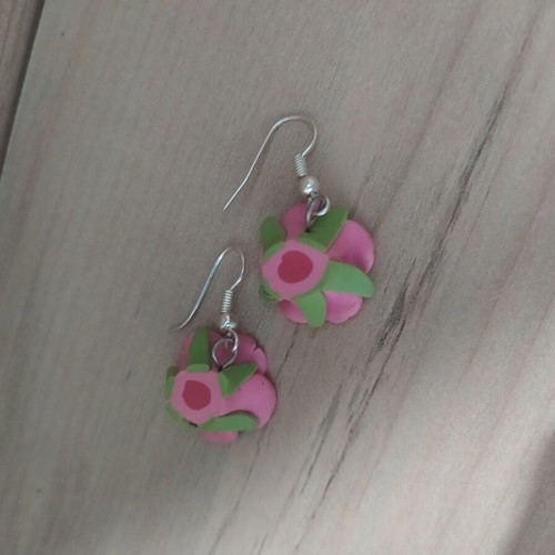 Rose dangle earrings like new pink made of special clay