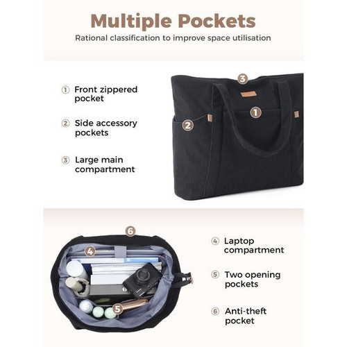 Lekespring women's shopper bag with 17-inch laptop compartment, black
