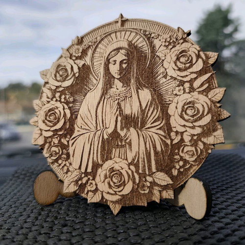 Wooden icon Panagia with rose new, with stand