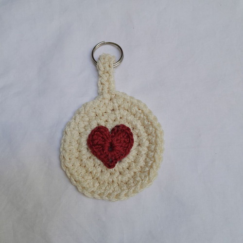Keychain handmade crochet with beige and red heart