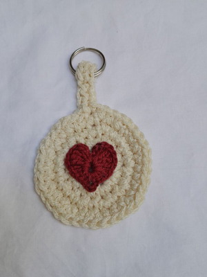 Keychain handmade crochet with beige and red heart