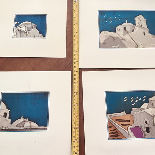 Silk paintings by Anthi Chatzinikolaou new, set of 4 with island blue theme