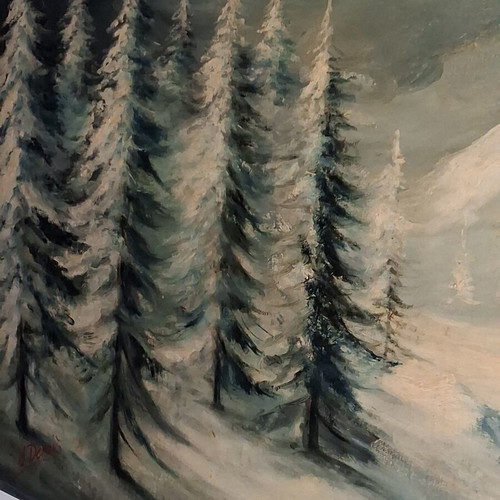 Winter painting by J. Denis used, 117x47 cm, snowy forest landscape