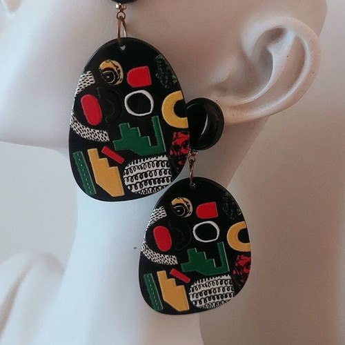 Modern Faux Bijoux Plexiglass Earrings Black with Multicolor Details Like New