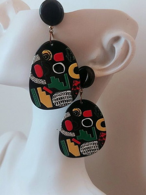 Modern Faux Bijoux Plexiglass Earrings Black with Multicolor Details Like New