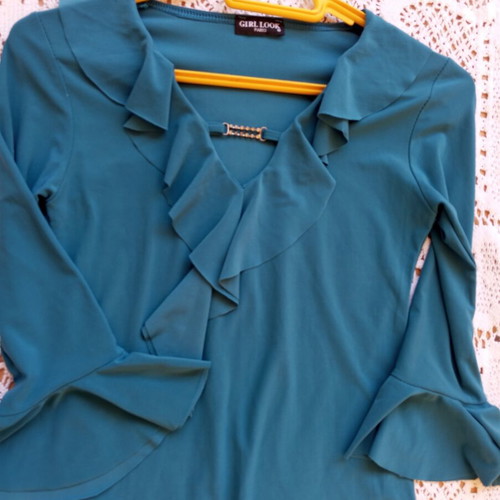 Blouse for girl size S used, shiny petrol fabric, short length